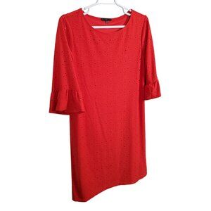 Tiana B Size 18W Dress Shift Stretch Eyelet Overlay Ruffle Bell Sleeve Midi Red